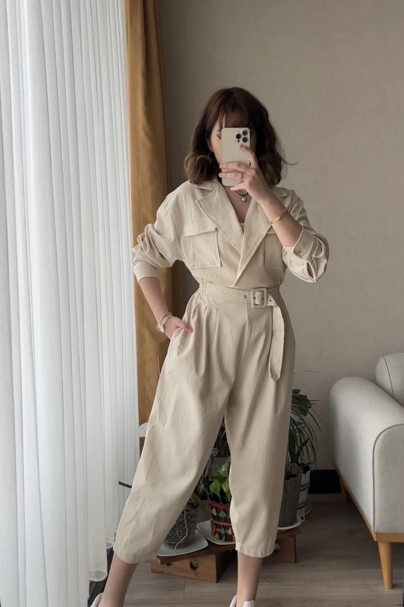 Gabardin Taş Kemerli Tulum