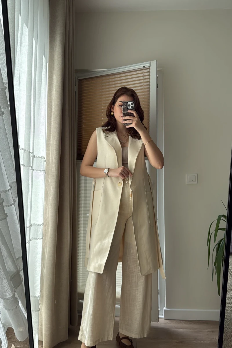 Gabardin Uzun Kuşaklı Yelek