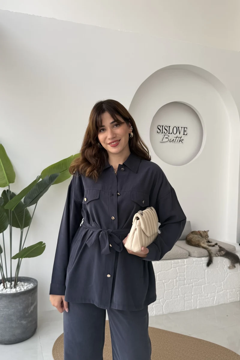 Gabriela Kuşaklı Gömlek Pantolon Takım - Lacivert