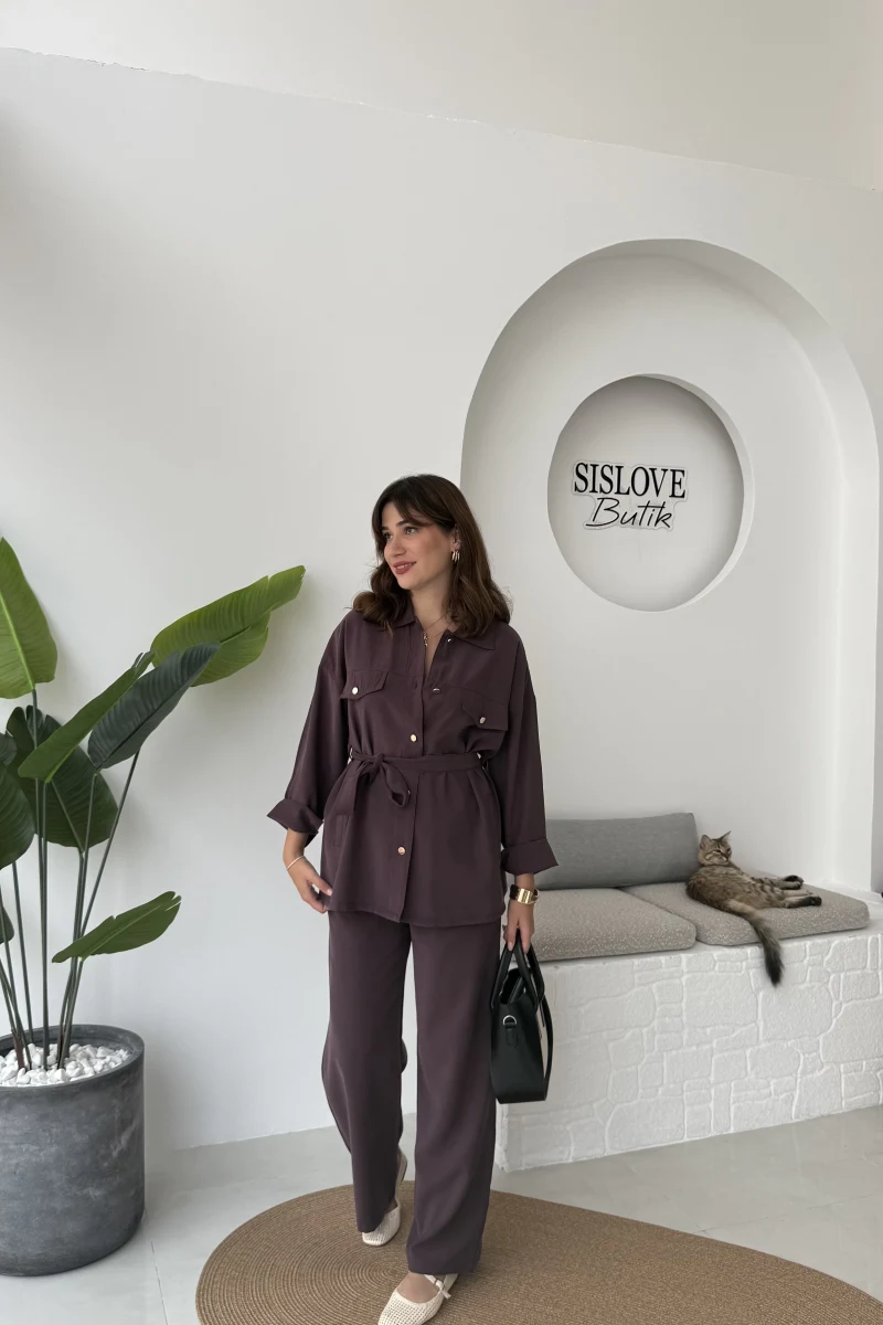 Gabriela Kuşaklı Gömlek Pantolon Takım - Mürdüm