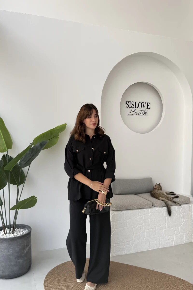 Gabriela Kuşaklı Gömlek Pantolon Takım - Siyah