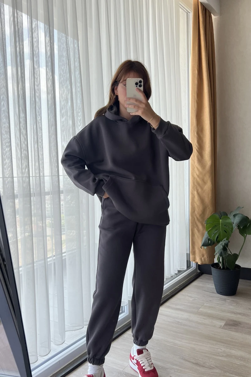 Galia Kapüşonlu 3 İplik Eşofman Takımı Antrasit