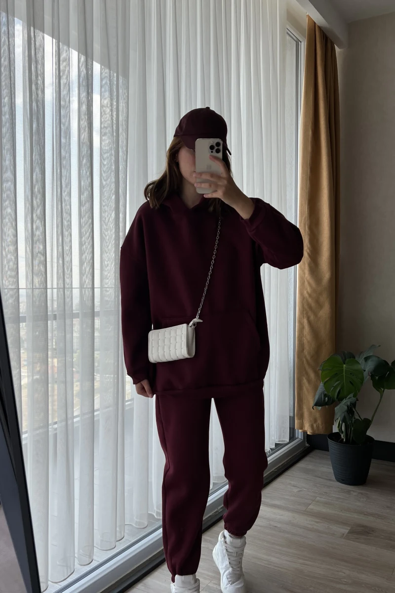 Galia Kapüşonlu 3 İplik Eşofman Takımı Bordo