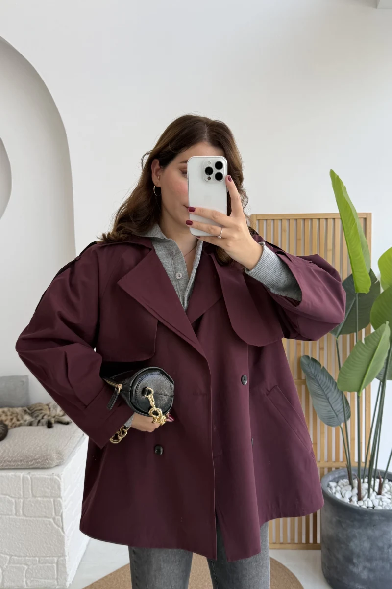 Gemma Kısa Trençkot - Bordo - Kod: 7556