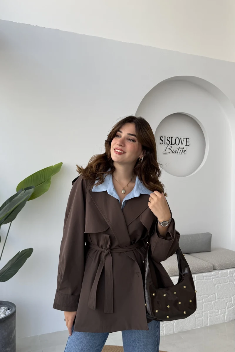 Gemma Kısa Trençkot - Kahve - Kod: 7556