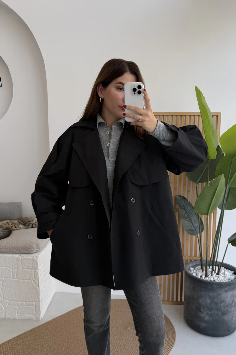 Gemma Kısa Trençkot - Siyah - Kod: 7556