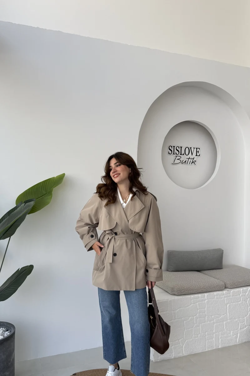 Gemma Kısa Trençkot - Vizon - Kod: 7556