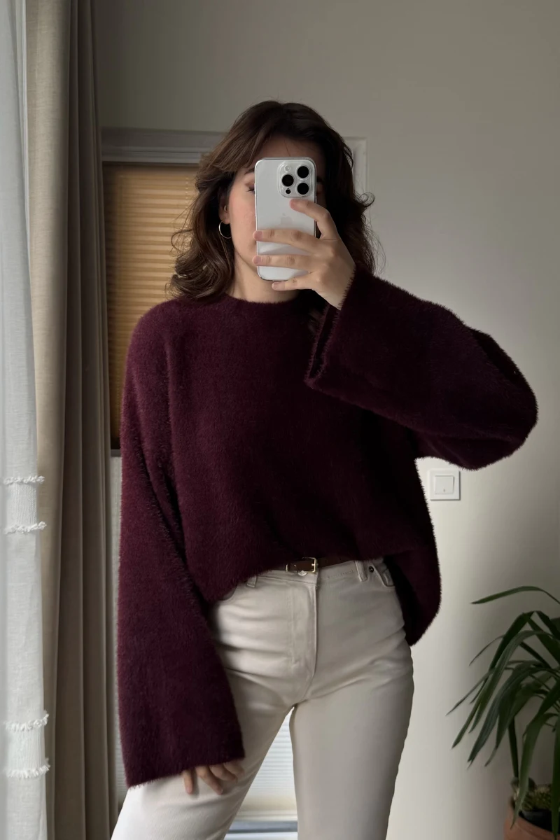 Geniş Kol Bordo Yumoş Kazak