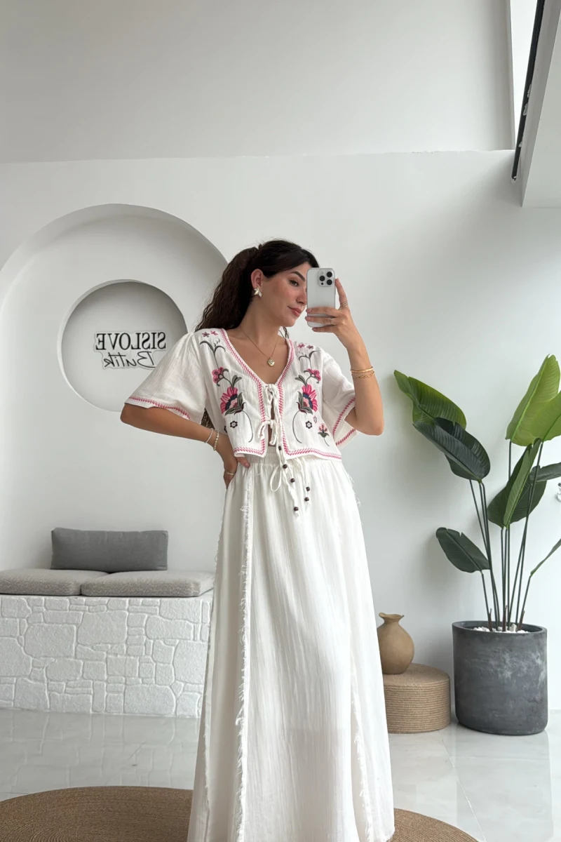 Georgia Nakışlı Müslin Etekli Takım - Beyaz - 8016