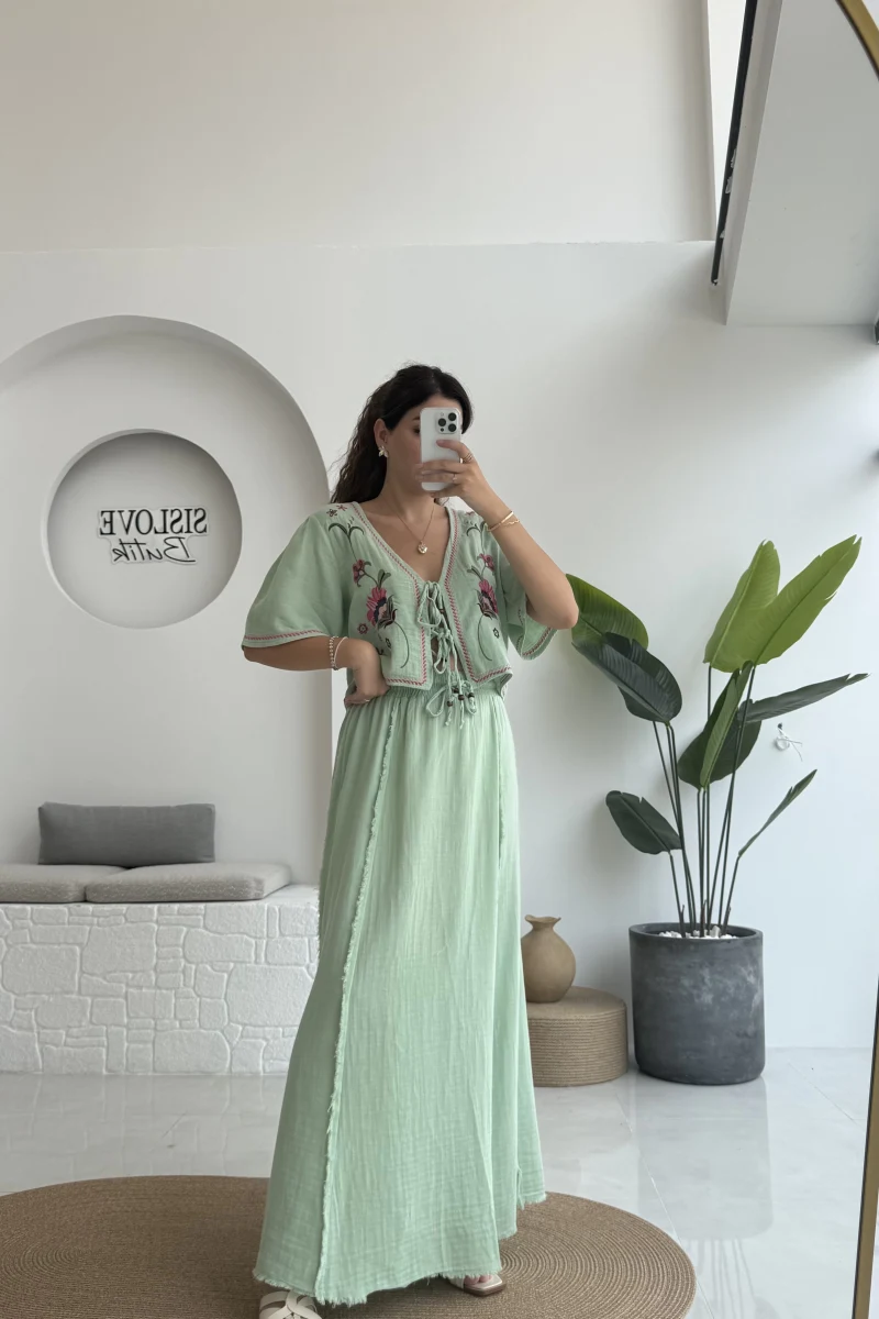 Georgia Nakışlı Müslin Etekli Takım - Mint - 8016