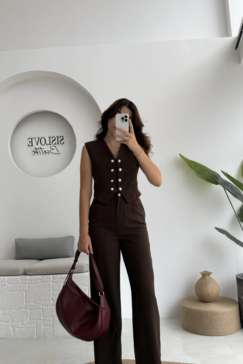 Geraldine Düğmeli Yelek Pantolon Takım - Acı Kahve - Kod: 8777
