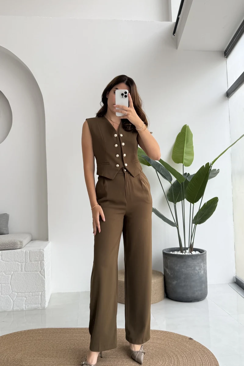 Geraldine Düğmeli Yelek Pantolon Takım - Kahverengi - Kod: 8777