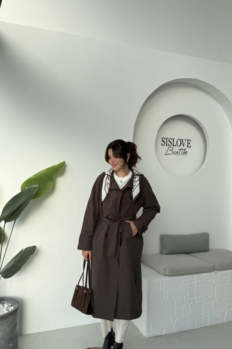 Gloria Fularlı Uzun Trençkot - Kahve - Kod: 7535