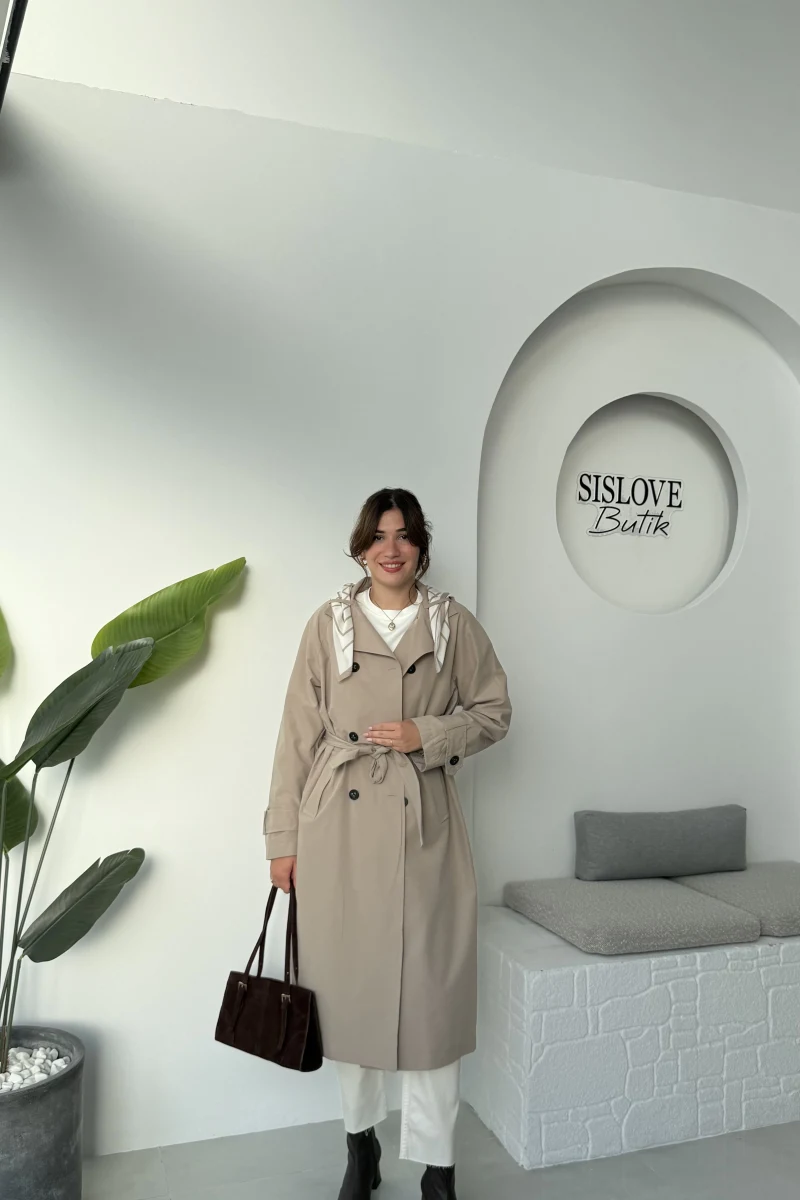 Gloria Fularlı Uzun Trençkot - Vizon - Kod: 7535