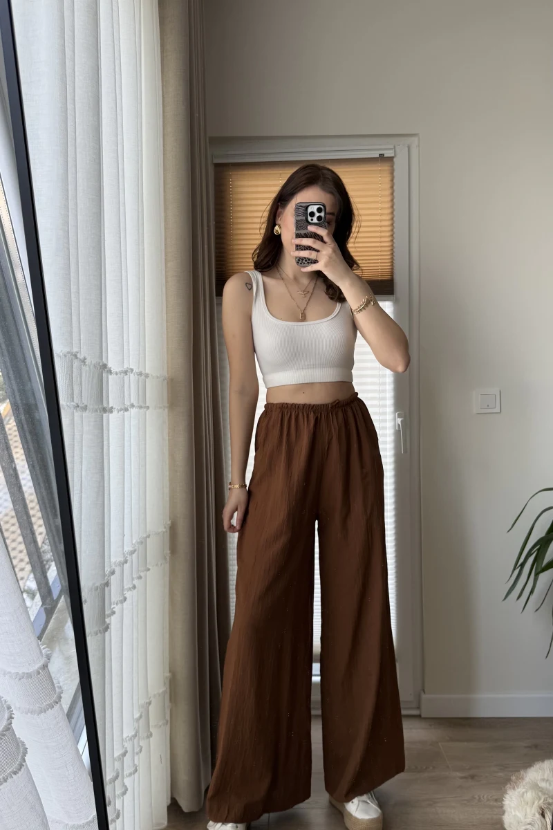 Gofre Kumaş Bağcıklı Palazzo Pantolon Acı Kahve