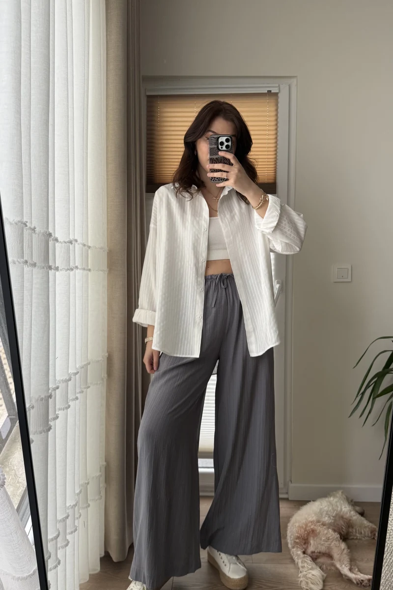 Gofre Kumaş Bağcıklı Palazzo Pantolon Antrasit