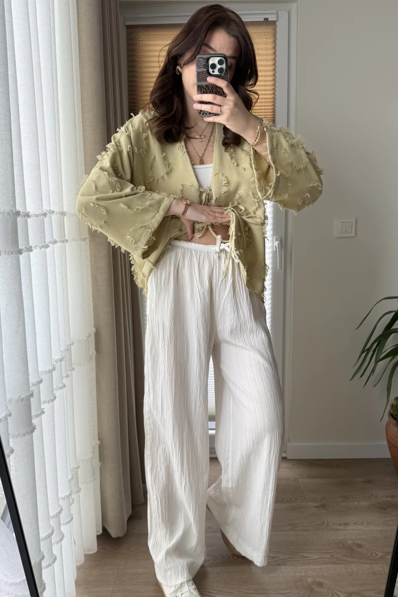 Gofre Kumaş Bağcıklı Palazzo Pantolon Beyaz