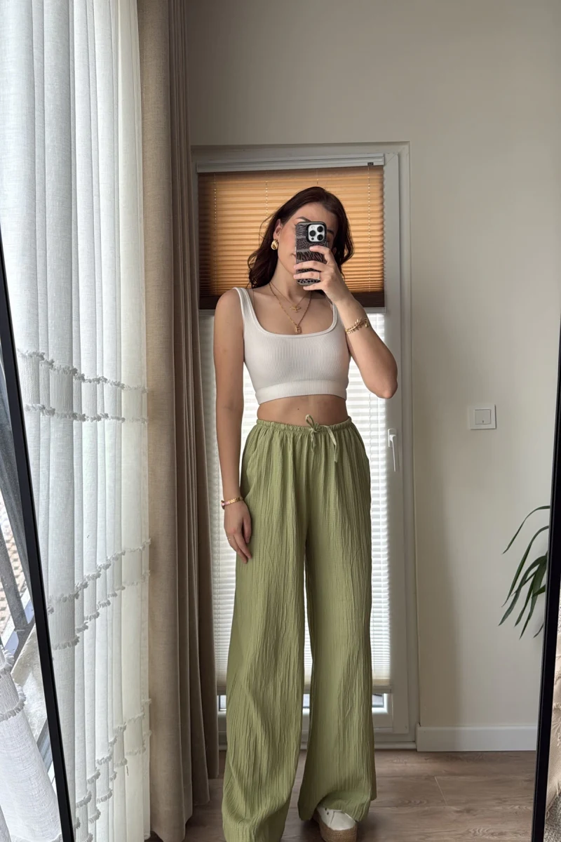 Gofre Kumaş Bağcıklı Palazzo Pantolon Haki