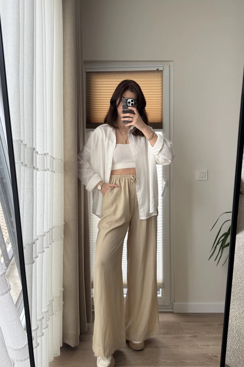 Gofre Kumaş Bağcıklı Palazzo Pantolon Krem