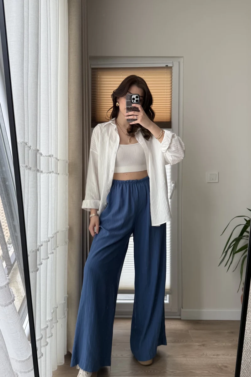 Gofre Kumaş Bağcıklı Palazzo Pantolon Mavi