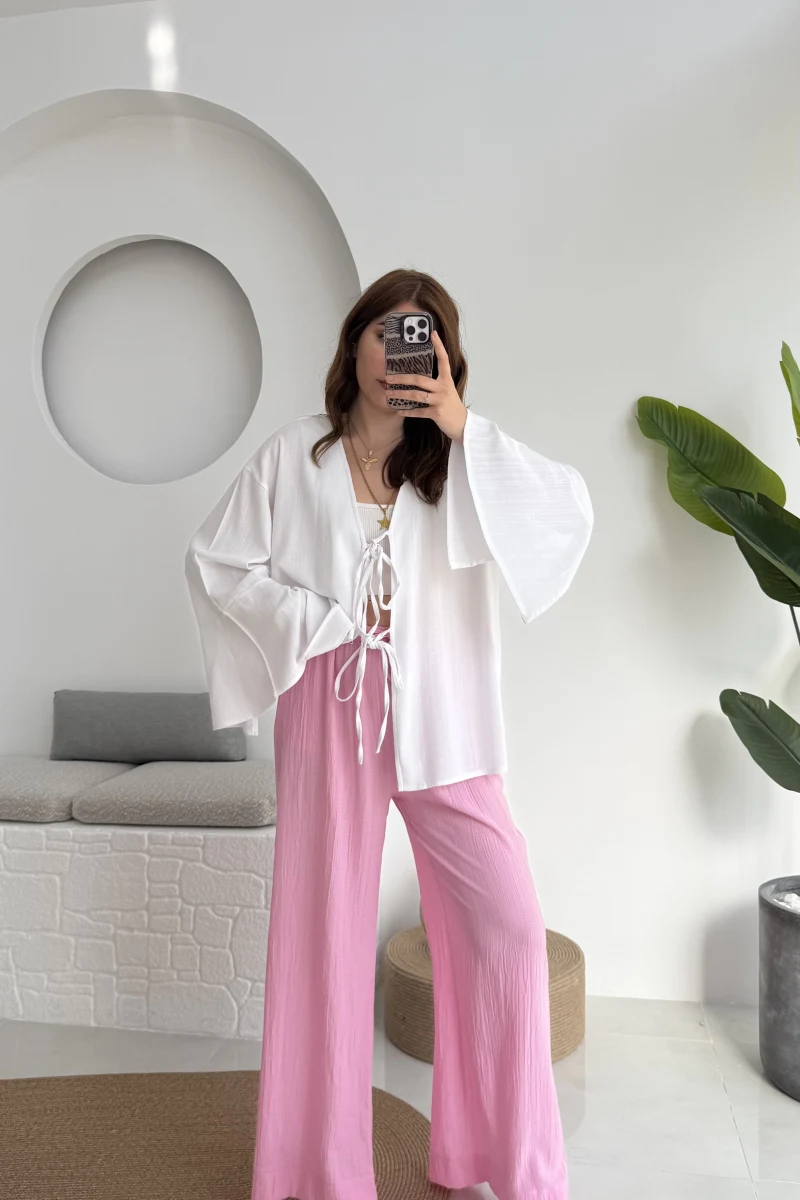 Gofre Kumaş Bağcıklı Palazzo Pantolon Pembe