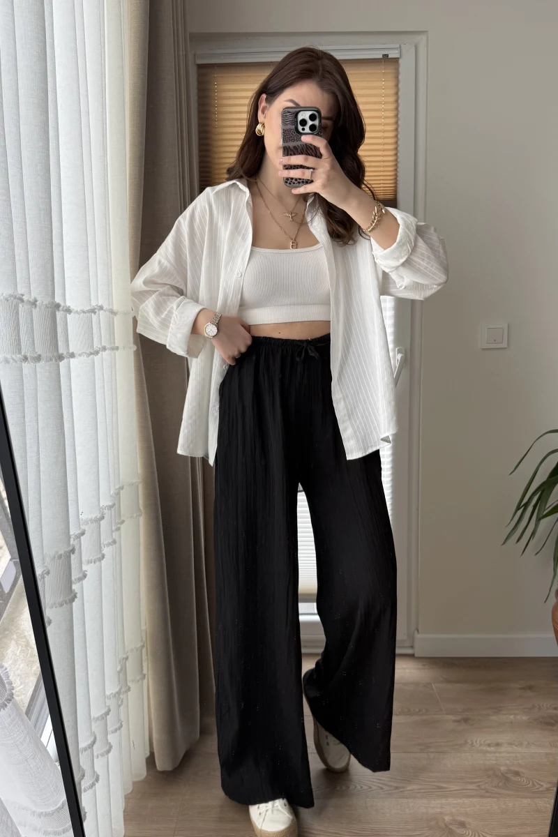 Gofre Kumaş Bağcıklı Palazzo Pantolon Siyah