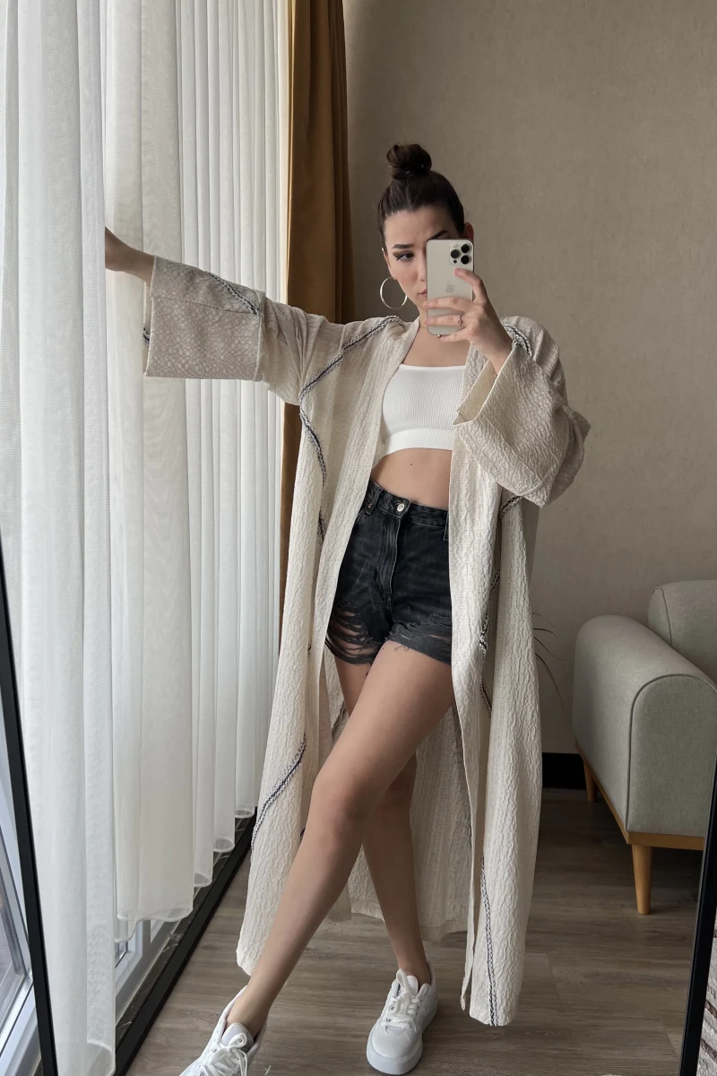 Gofre Kumaş Kimono Krem