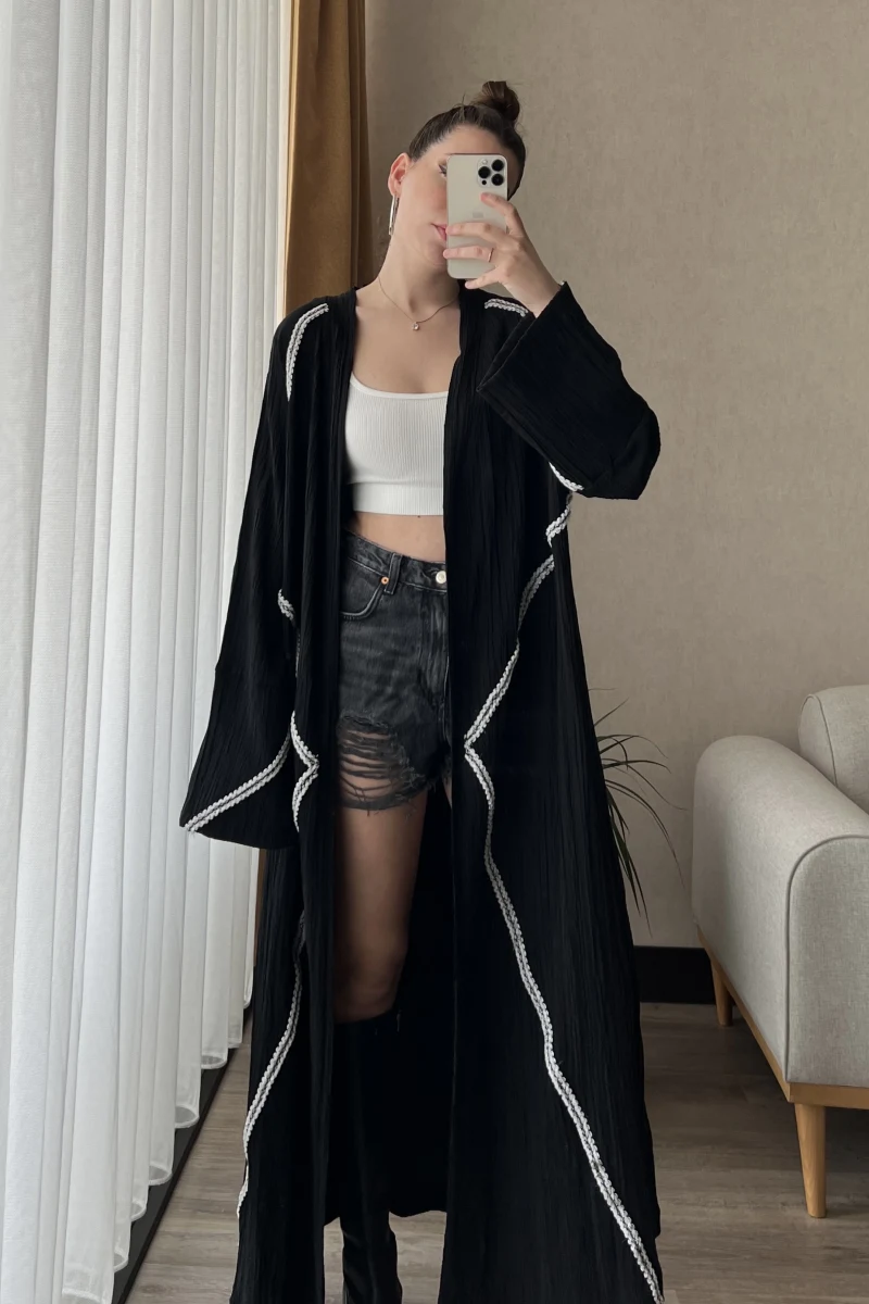 Gofre Kumaş Kimono Siyah