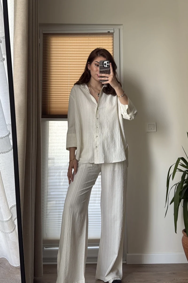 Gofre Kumaş Krem Rengi Takım