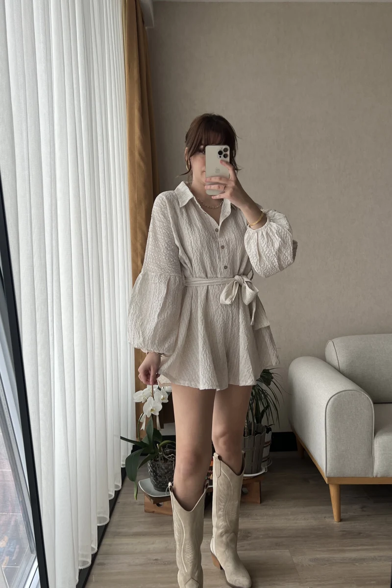 Gofre Kuşaklı Krem Tulum