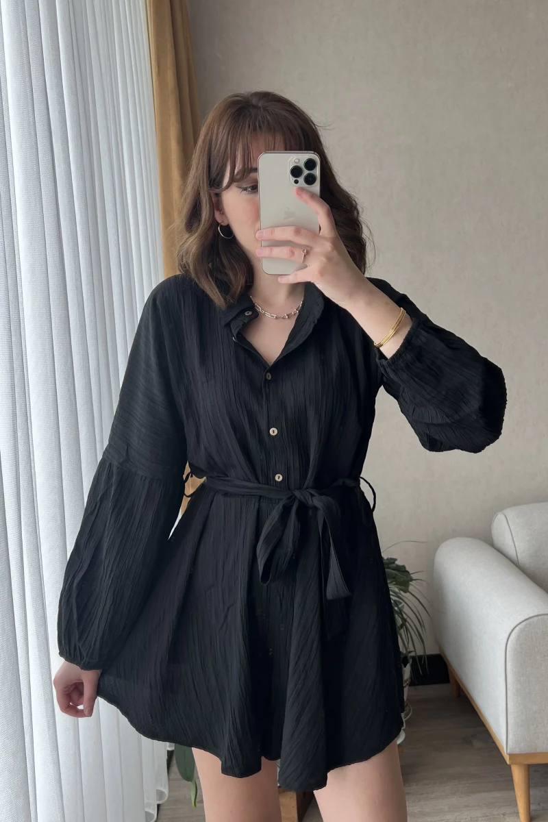 Gofre Kuşaklı Siyah Tulum