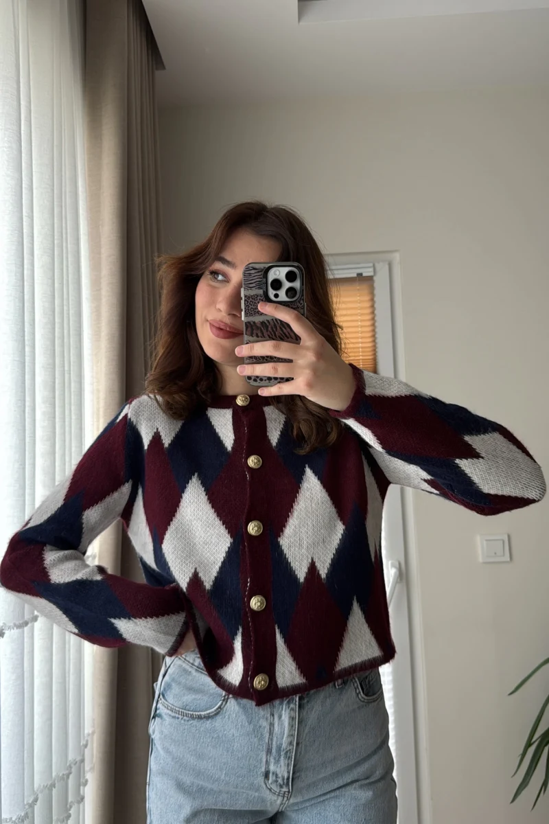 Gold Düğme Detay Baklava Bordo Hırka