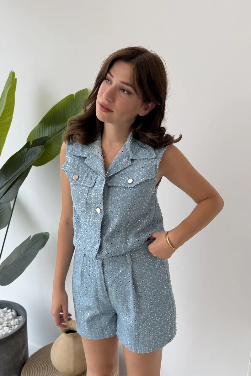 Goldie Pullu Mavi Yelek Şort Takım - 88726 - 85335