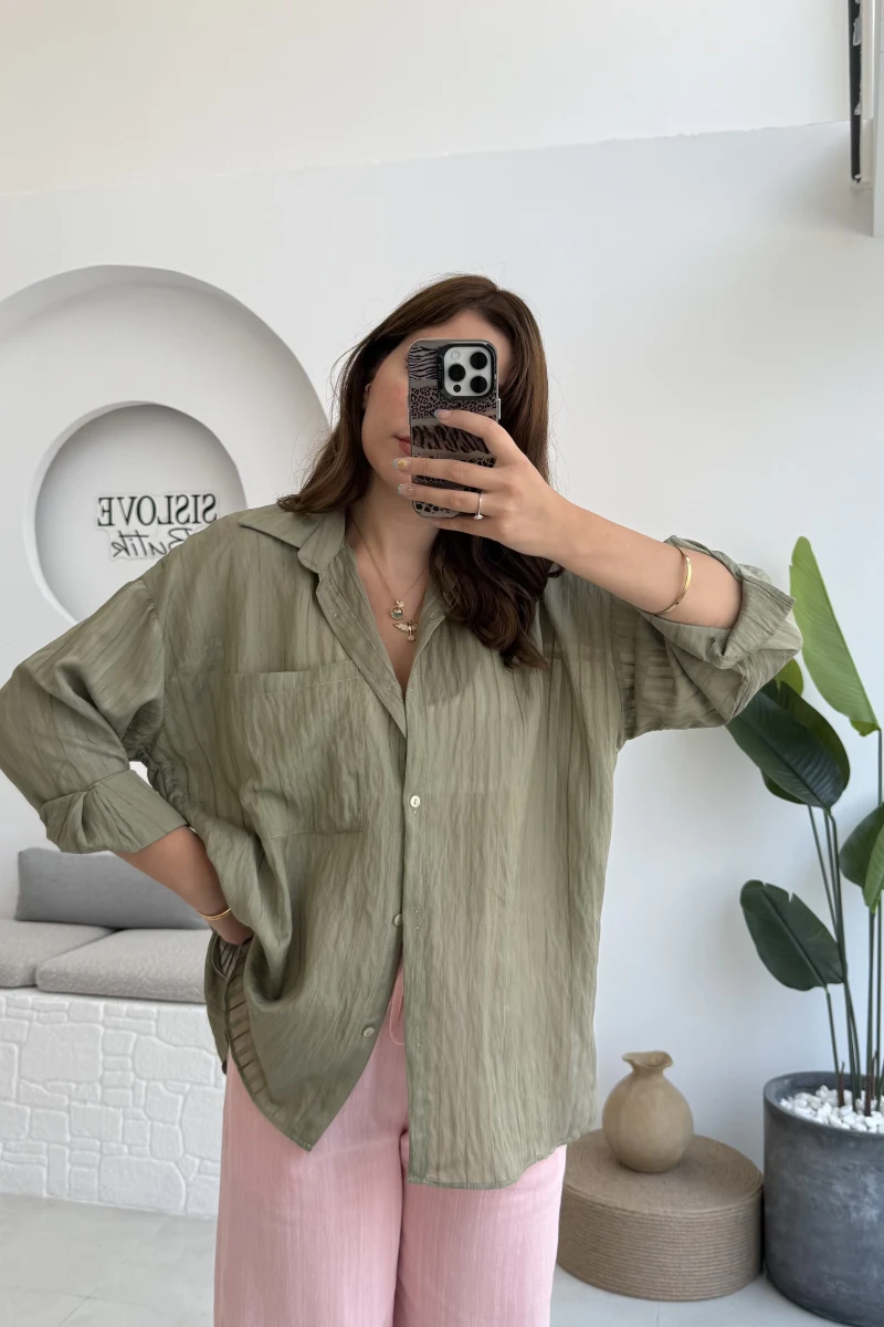 Tül Detay Gömlek-2109-Haki