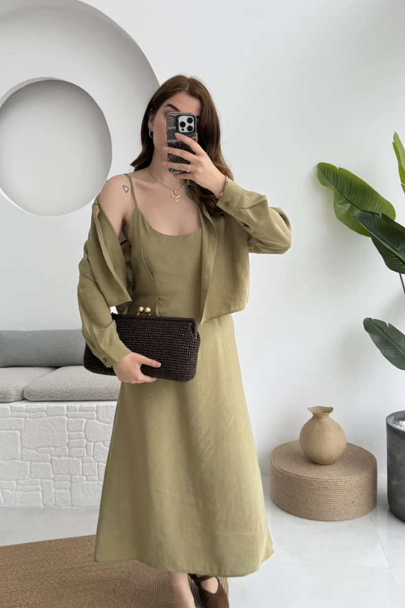 Askılı Gömlek Elbise Takım - 51153 - Haki