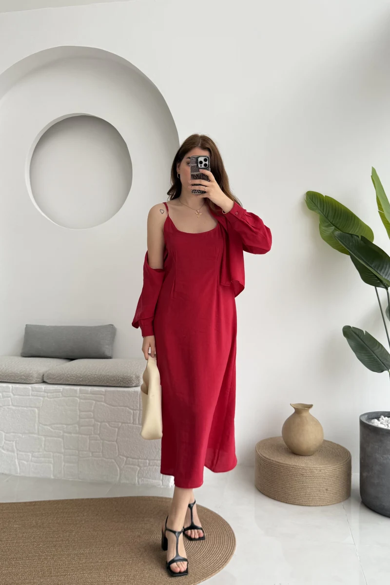 Askılı Gömlek Elbise Takım - 51153 - Kırmızı