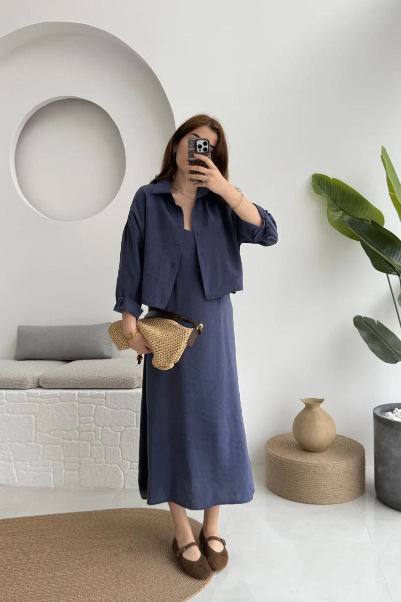 Askılı Gömlek Elbise Takım - 51153 - Lacivert