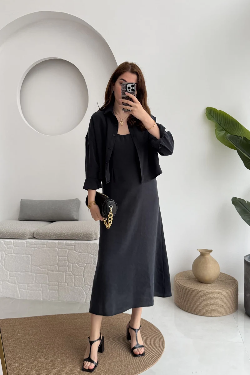 Askılı Gömlek Elbise Takım - 51153 - Siyah