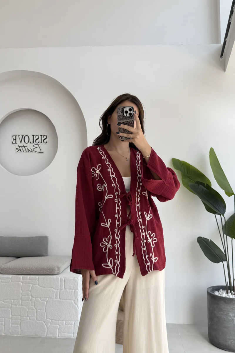 Granny İşlemeli Bordo Kimono - 7009