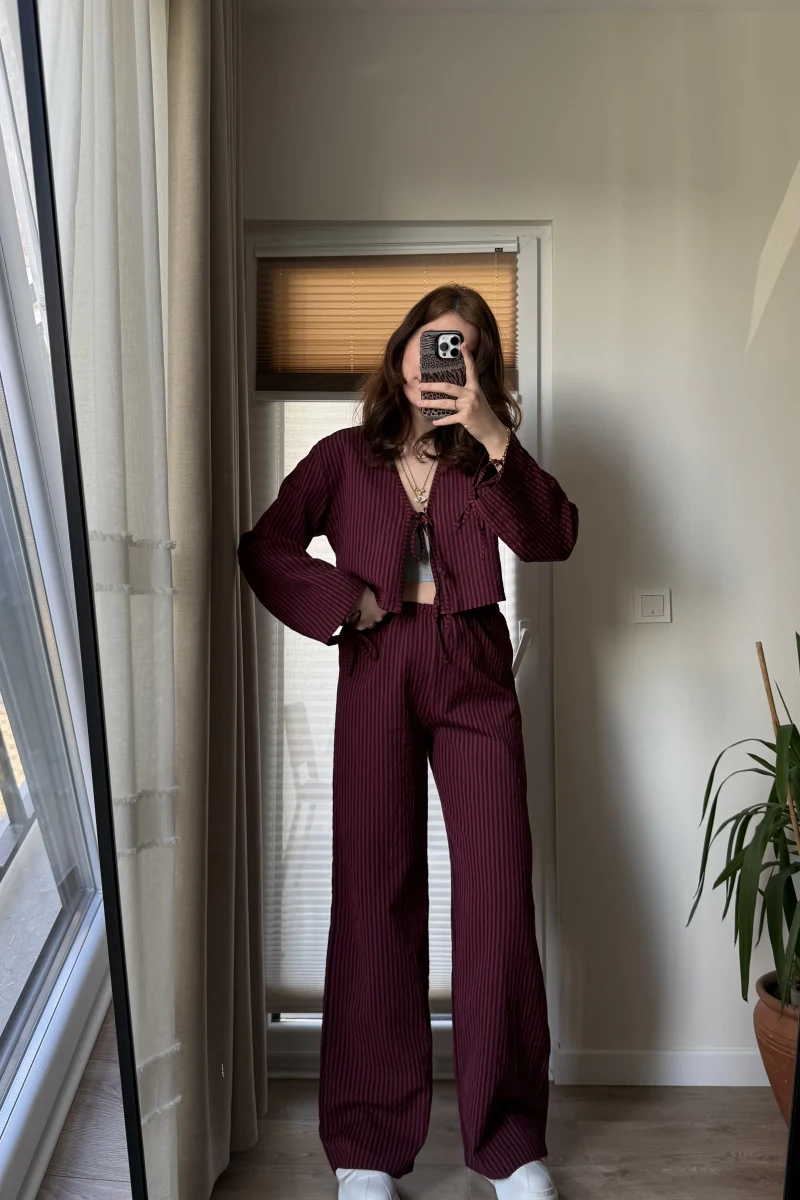 Grant Çizgili Takım Bordo