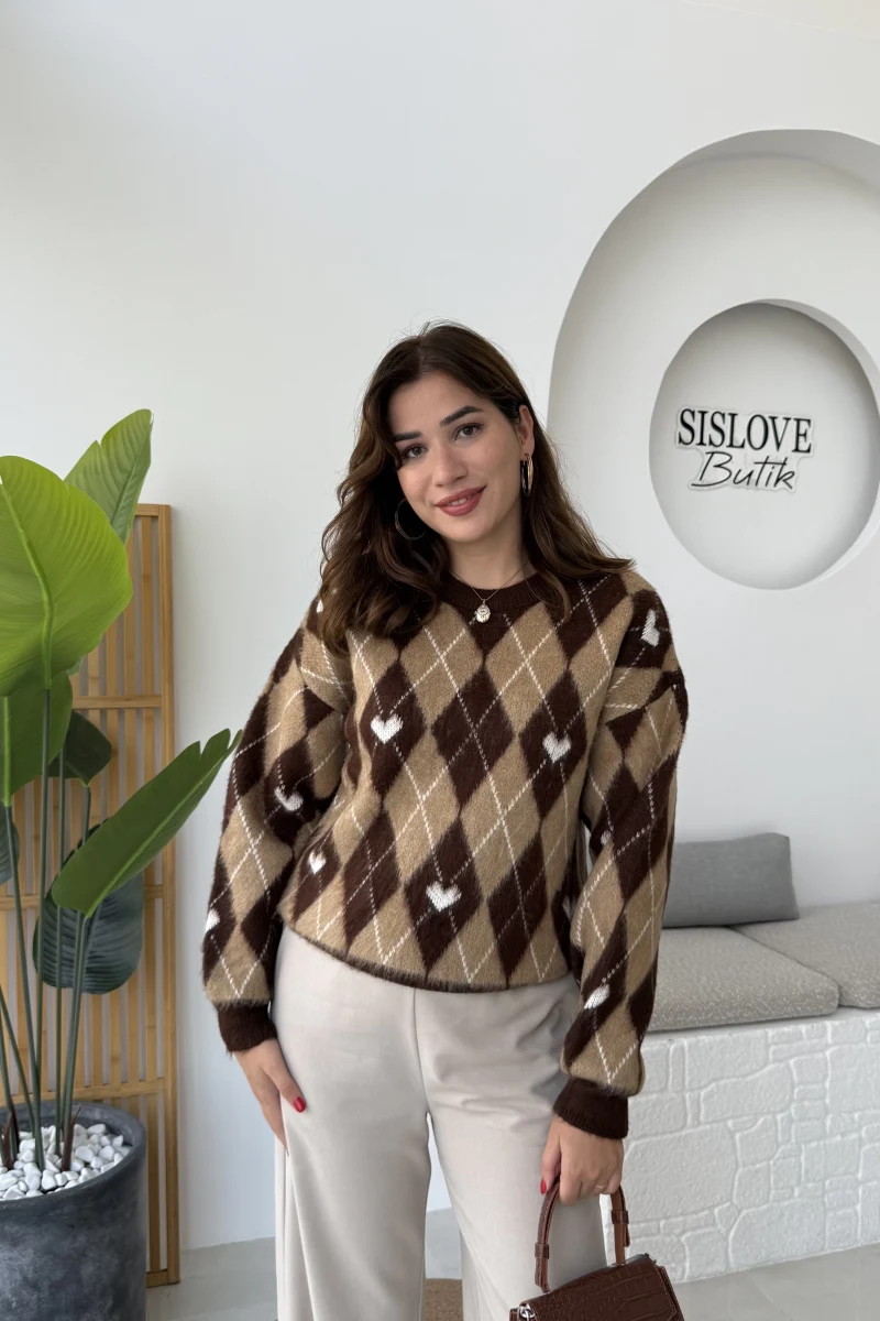 Gretta Kalp Detaylı Baklavalı Triko Kazak - Acı Kahve - Kod: 9032