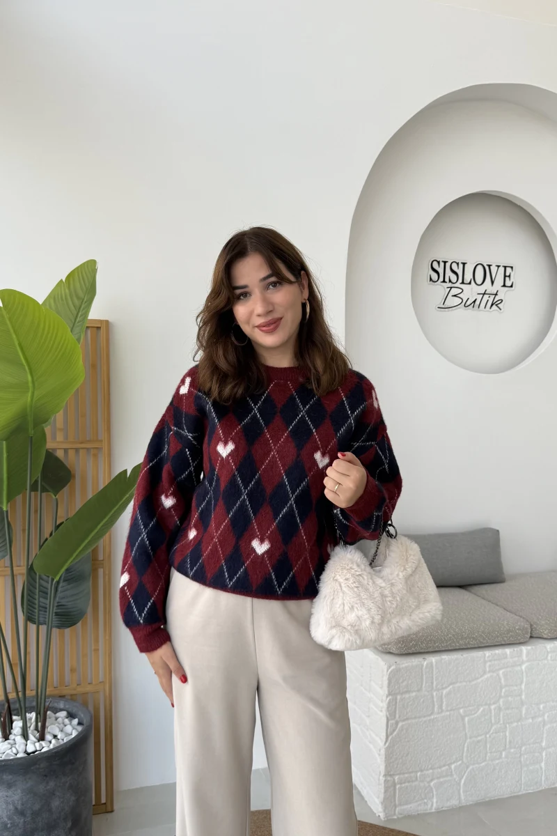 Gretta Kalp Detaylı Baklavalı Triko Kazak - Bordo Lacivert - Kod: 9032