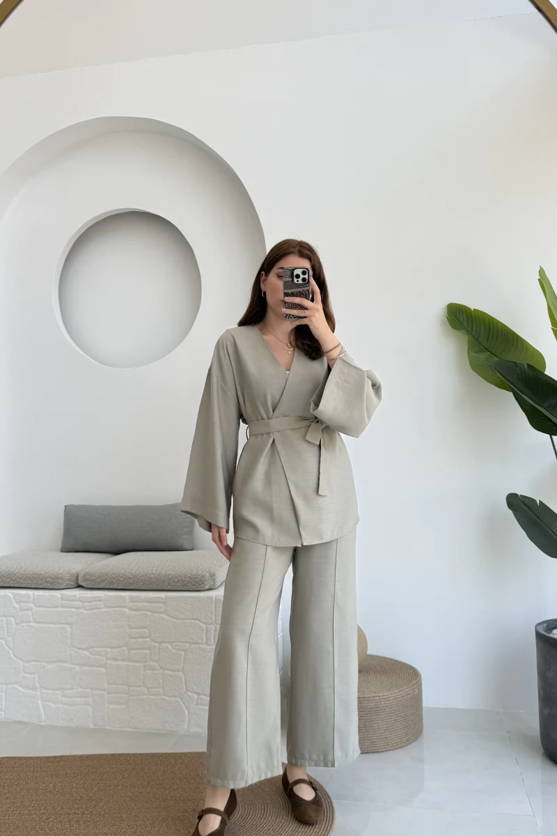 Gues Bağlamalı Kimono Takım Su Yeşili