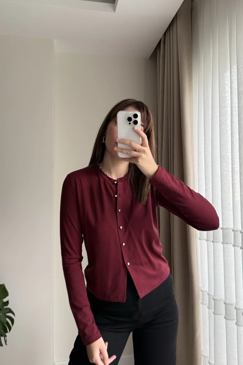 Gümüş Düğme Detaylı Hırka Bordo