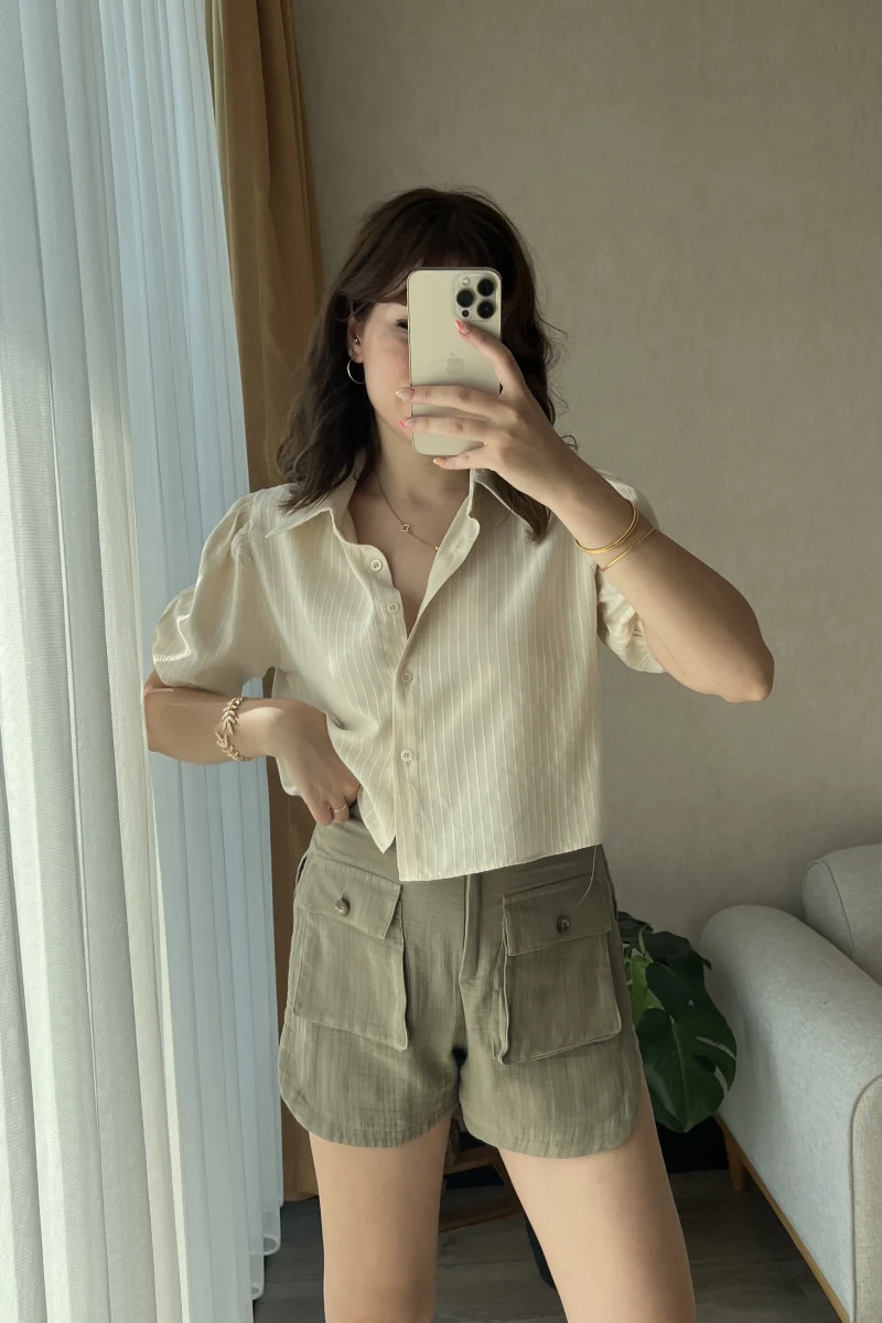 Haki Müslin Keten Karışımlı Şort