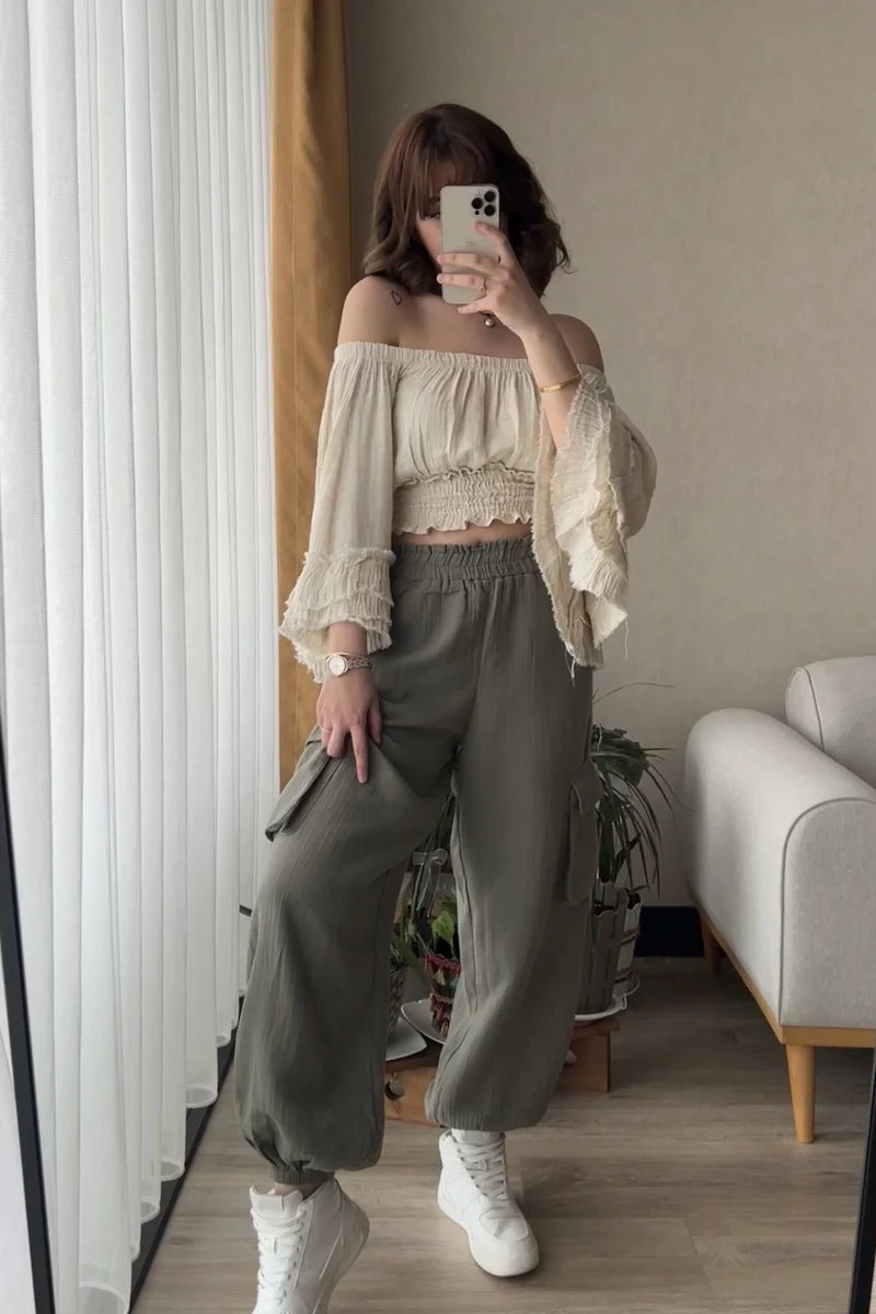 Haki Müslin Kumaş Kargo Pantolon