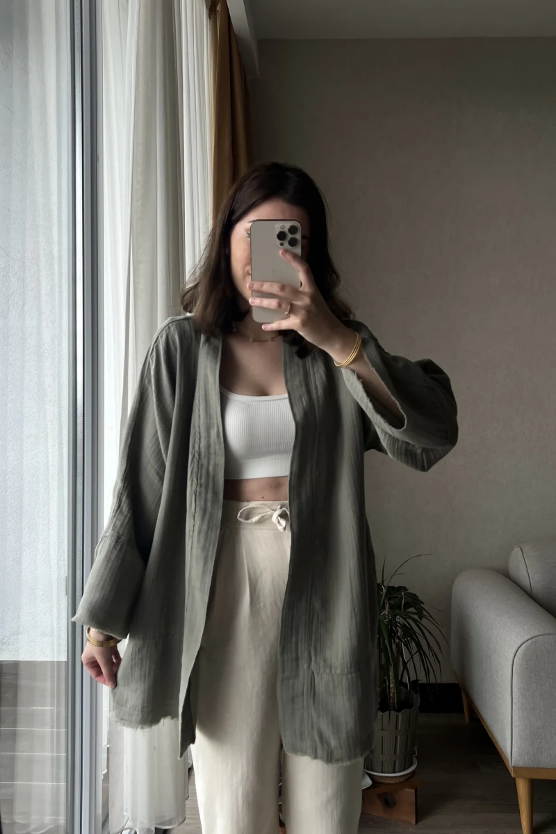 Haki Müslin Kumaş Kimono