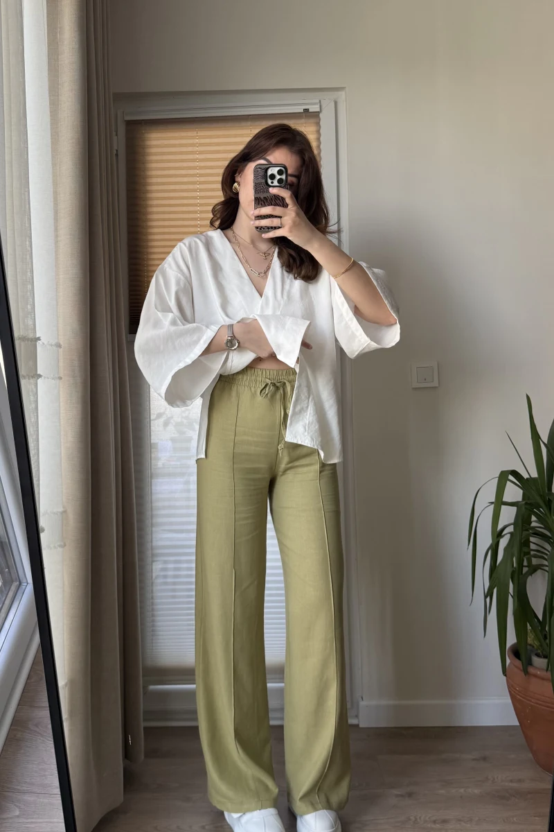 Haki Palazzo Keten Pantolon