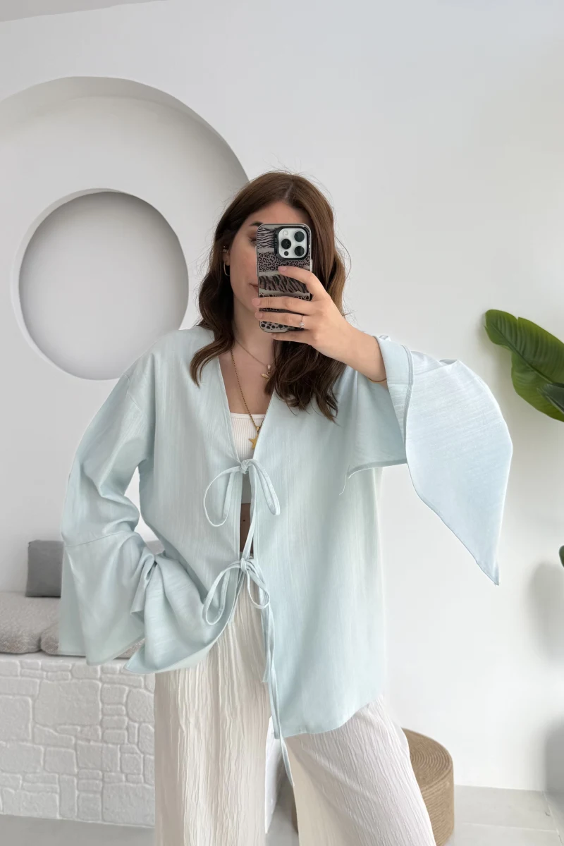 Happyi Kimono Bağlamalı Keten Bluz Bebe Mavisi