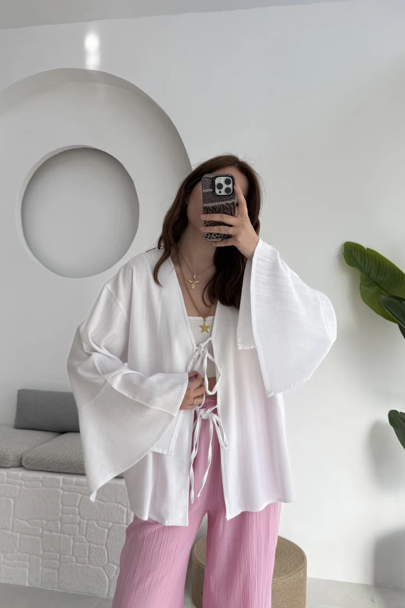 Happyi Bağlamalı Keten Bluz Beyaz